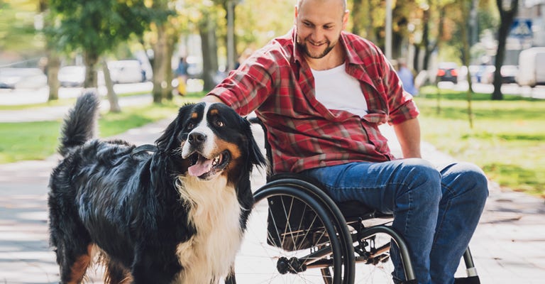 Happy young man with a physical disability who uses wheelchair with his dog